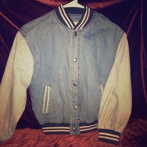 BLUE JEAN STRIPPED JACKET/ VARSITY STYLE